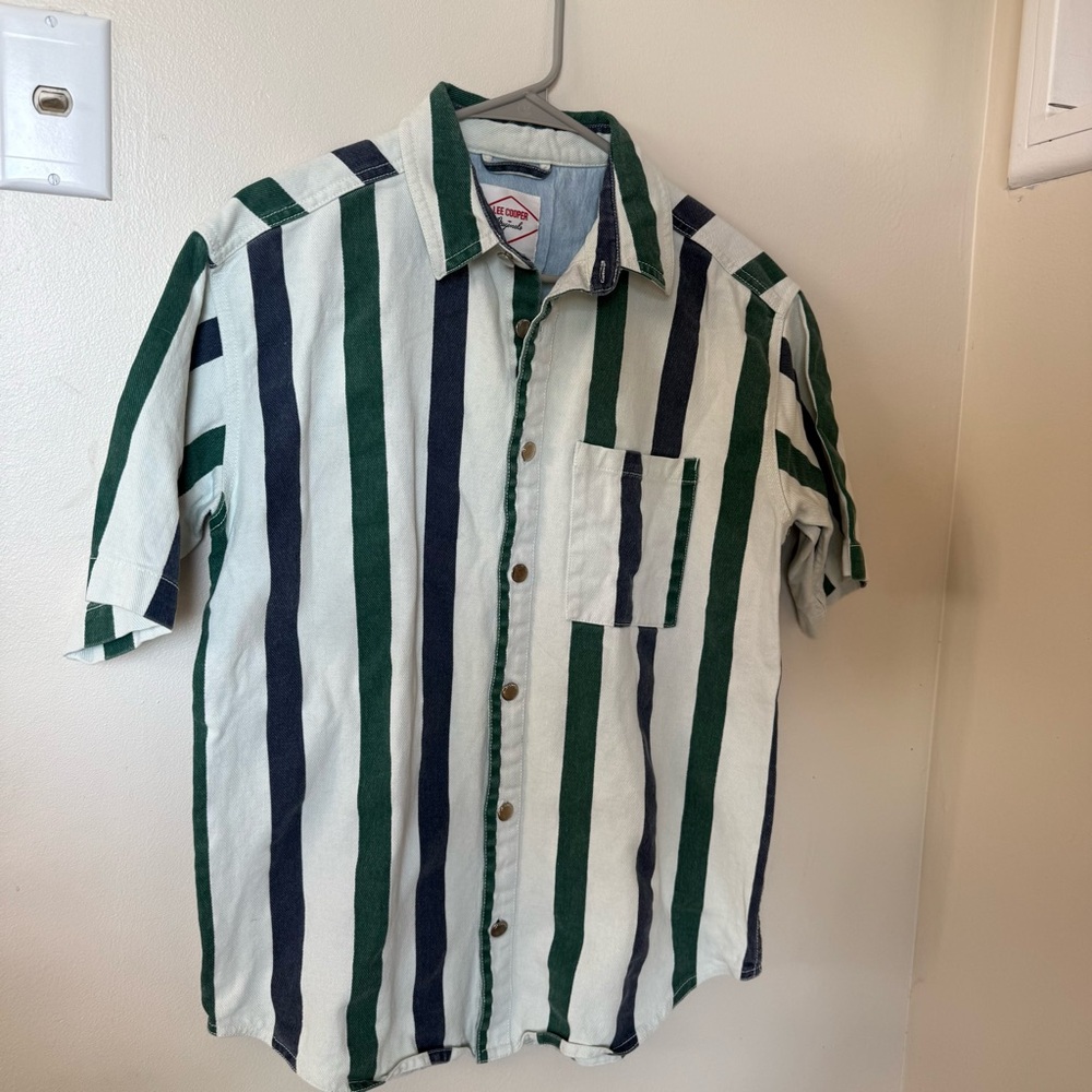 Vintage Lee Cooper denim Striped Green and Blue Men's Shirt size M 100% cotton